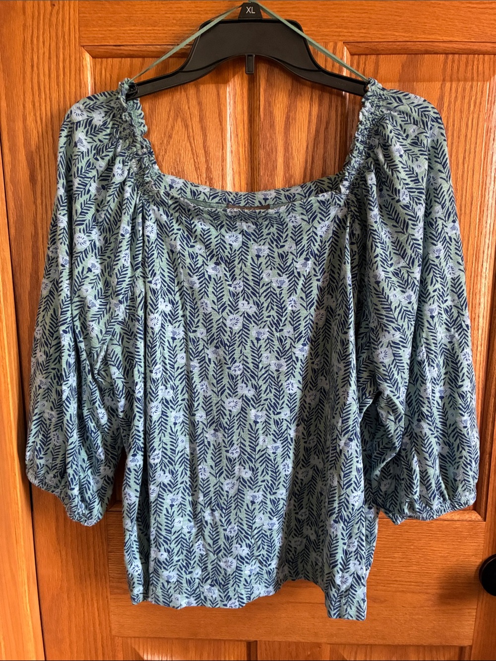 Style & Co. Sage Green and Navy Floral Peasant Top